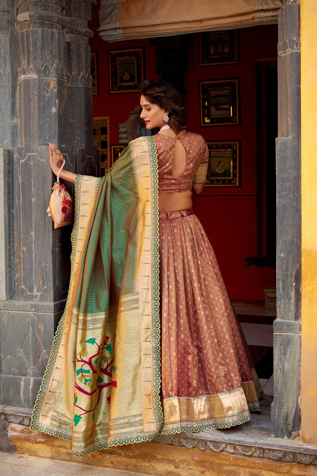 Lorenvalley Fashion Brown Simmer Organza Zari Weaving Work With Lace Border Lehenga Choli with Dupatta - Distacart