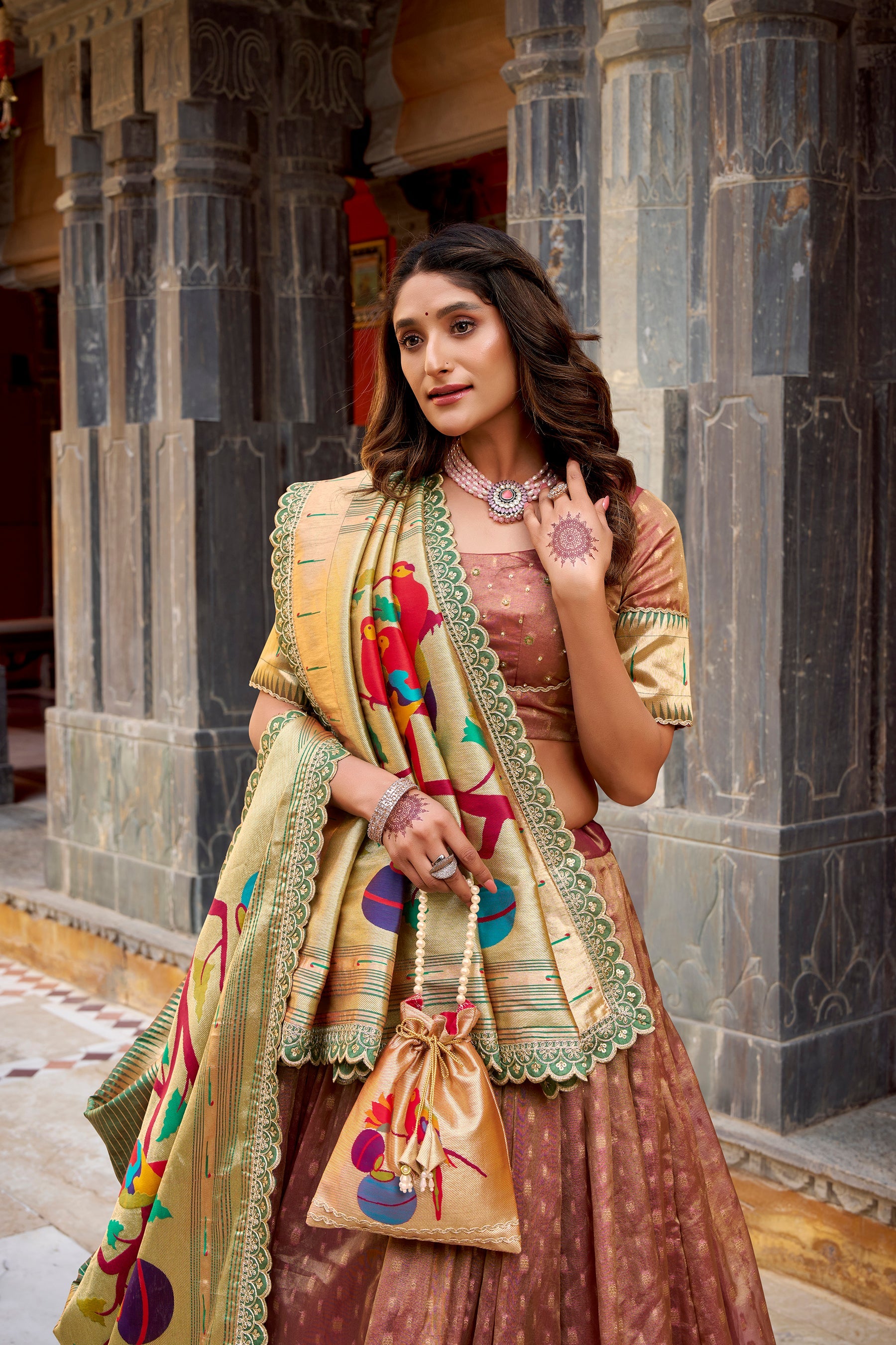 Lorenvalley Fashion Brown Simmer Organza Zari Weaving Work With Lace Border Lehenga Choli with Dupatta - Distacart