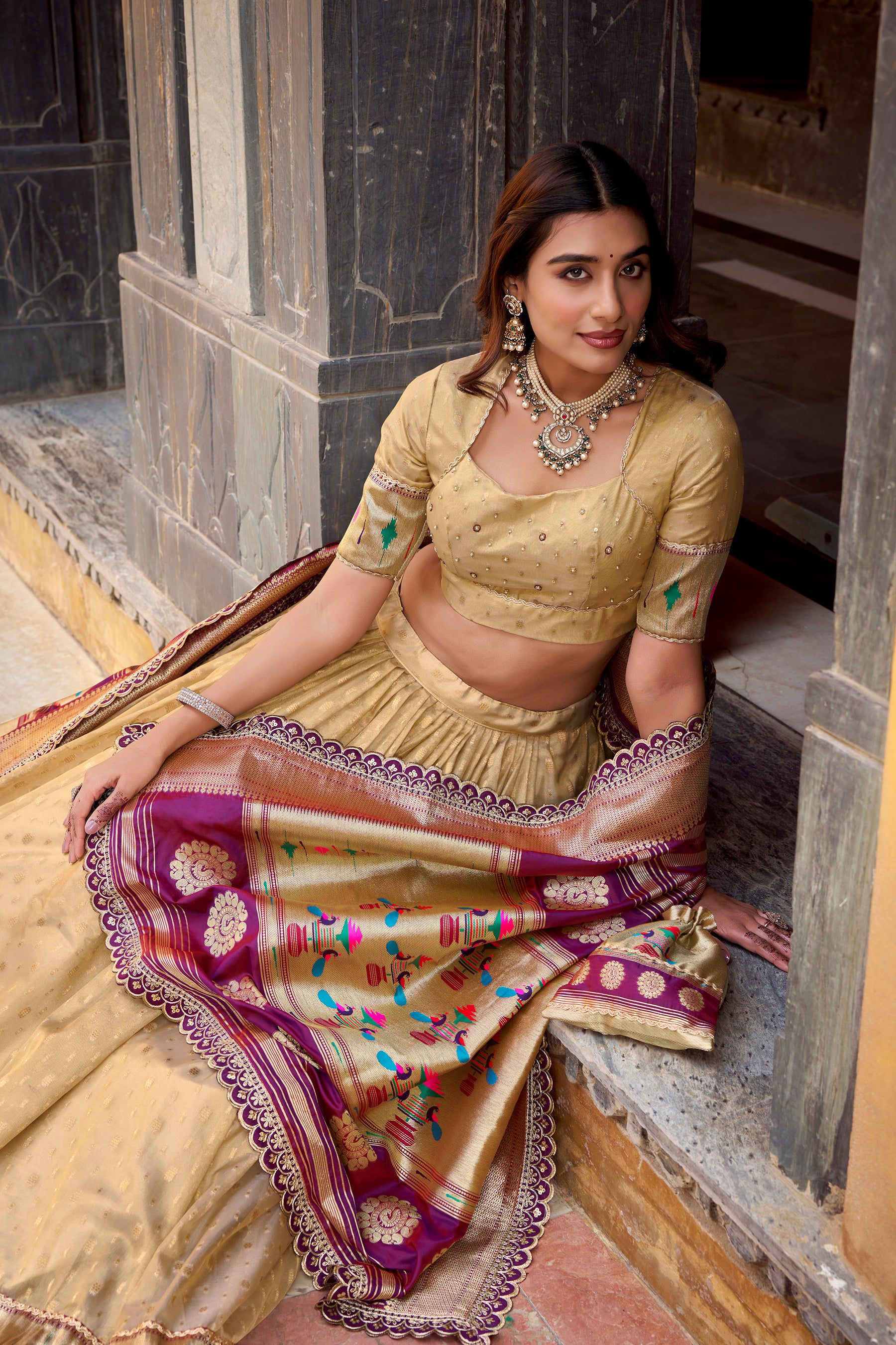 Lorenvalley Fashion Cream Simmer Organza Zari Weaving Work With Lace Border Lehenga Choli with Dupatta - Distacart