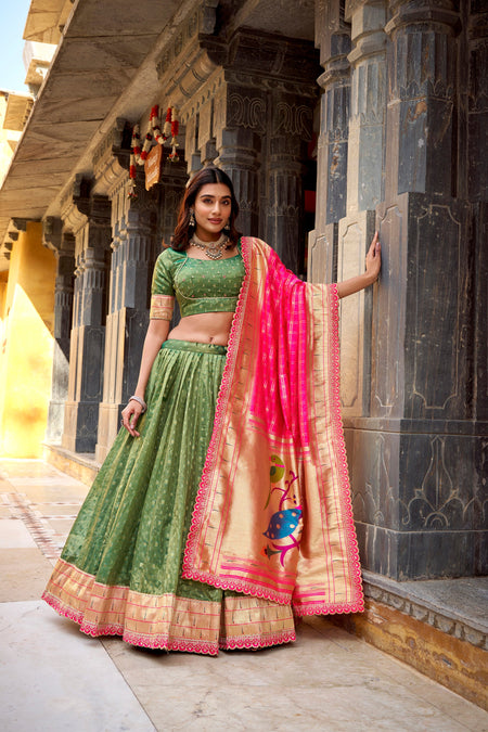 Lorenvalley Fashion Green Simmer Organza Zari Weaving Work With Lace Border Lehenga Choli with Dupatta