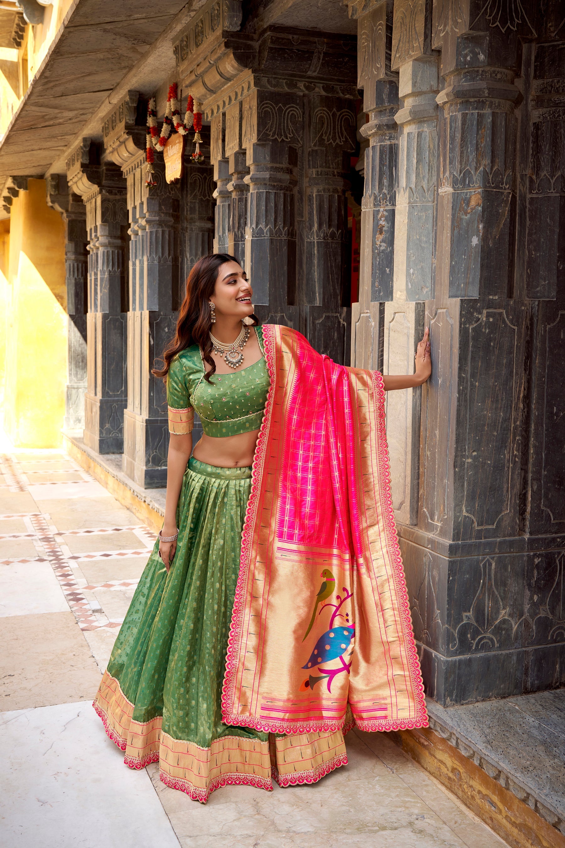 Lorenvalley Fashion Green Simmer Organza Zari Weaving Work With Lace Border Lehenga Choli with Dupatta - Distacart