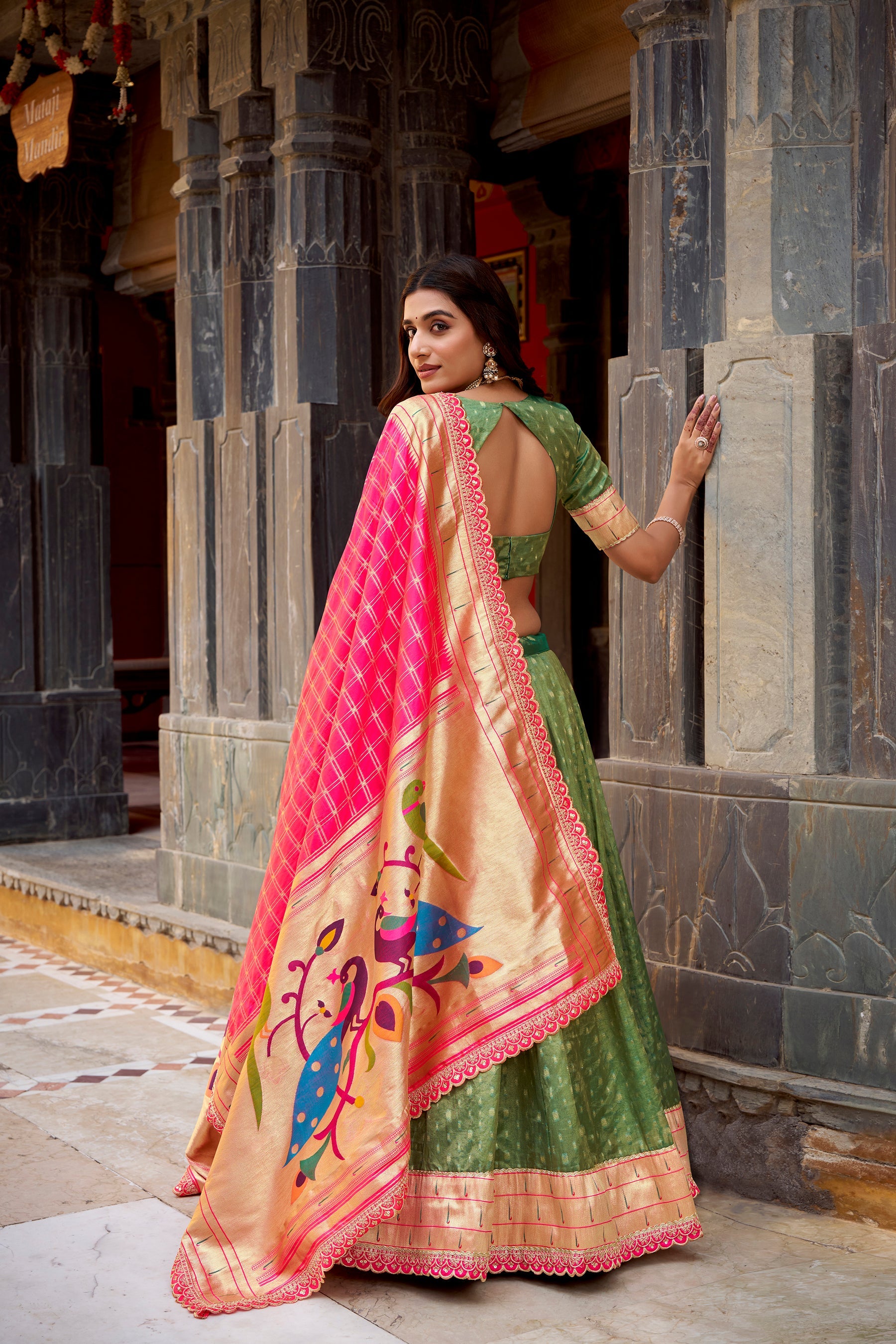 Lorenvalley Fashion Green Simmer Organza Zari Weaving Work With Lace Border Lehenga Choli with Dupatta - Distacart