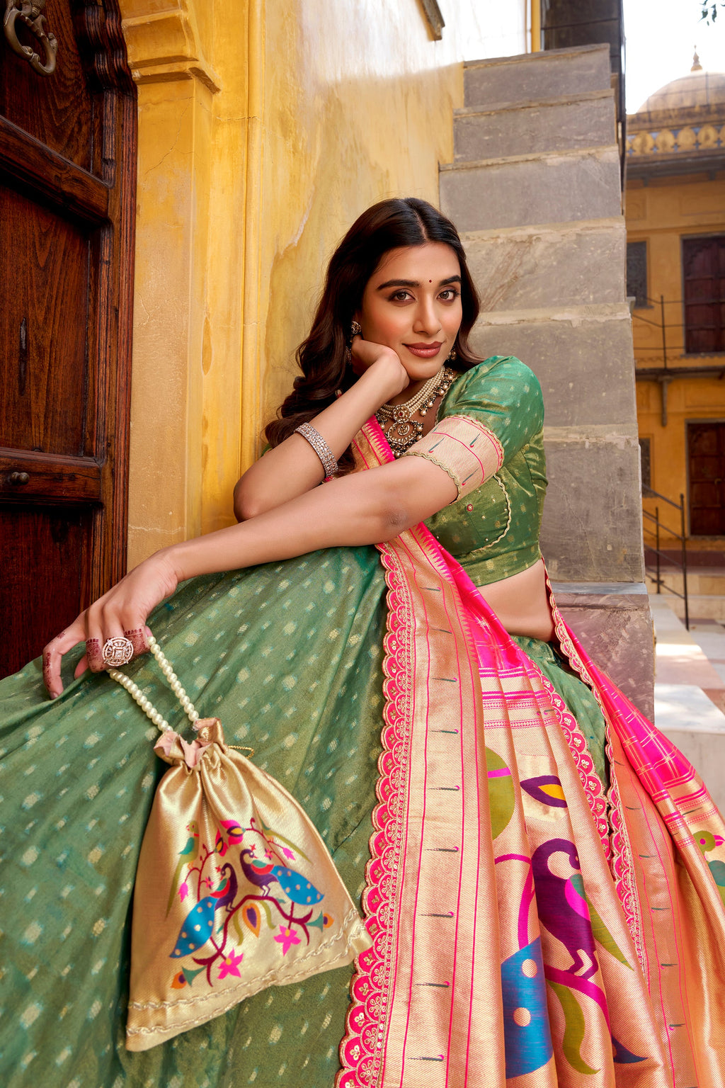 Lorenvalley Fashion Green Simmer Organza Zari Weaving Work With Lace Border Lehenga Choli with Dupatta - Distacart