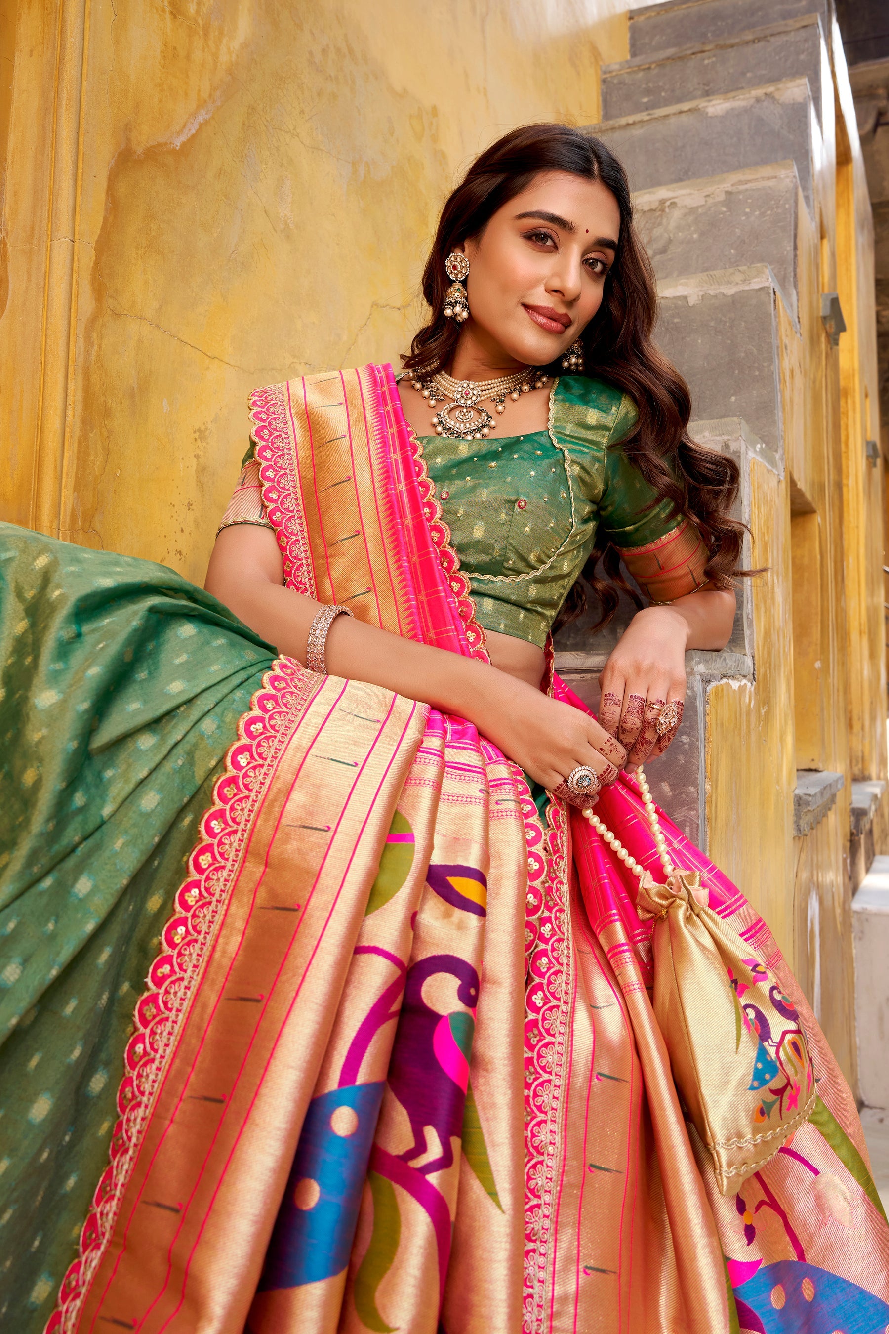 Lorenvalley Fashion Green Simmer Organza Zari Weaving Work With Lace Border Lehenga Choli with Dupatta - Distacart