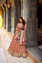 Lorenvalley Fashion Peach Simmer Organza Zari Weaving Work With Lace Border Lehenga Choli with Dupatta - Distacart