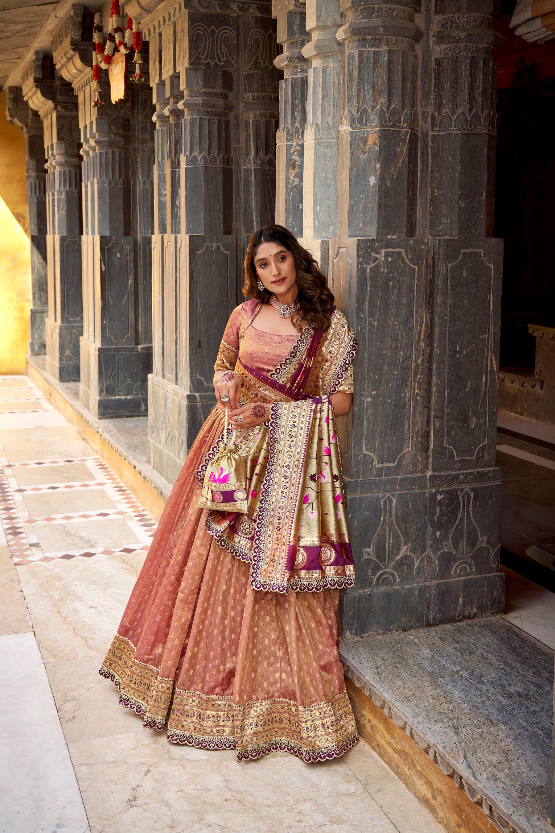 Lorenvalley Fashion Peach Simmer Organza Zari Weaving Work With Lace Border Lehenga Choli with Dupatta - Distacart