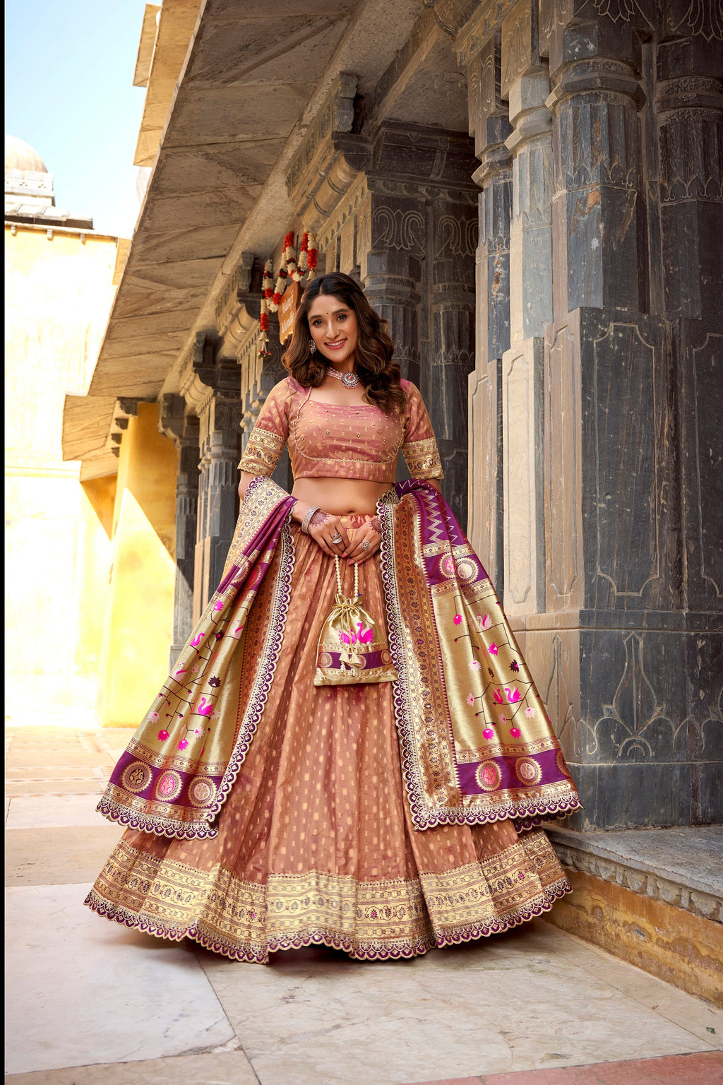 Lorenvalley Fashion Peach Simmer Organza Zari Weaving Work With Lace Border Lehenga Choli with Dupatta - Distacart