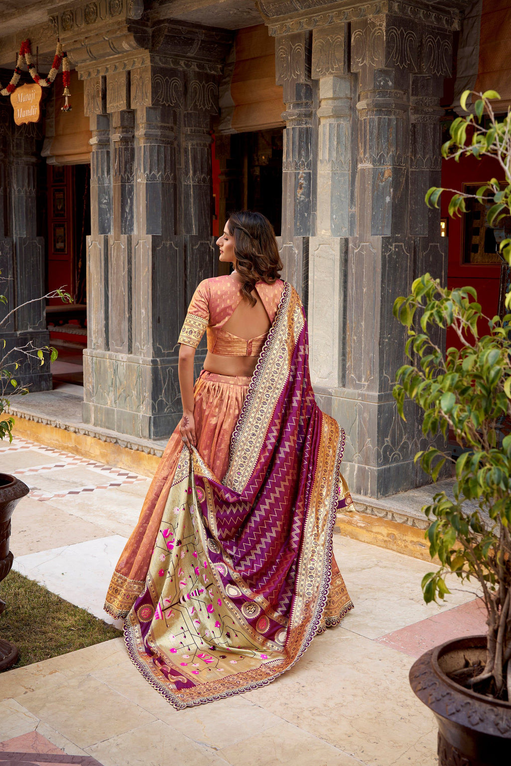 Lorenvalley Fashion Peach Simmer Organza Zari Weaving Work With Lace Border Lehenga Choli with Dupatta - Distacart