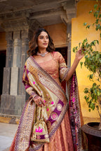 Lorenvalley Fashion Peach Simmer Organza Zari Weaving Work With Lace Border Lehenga Choli with Dupatta - Distacart