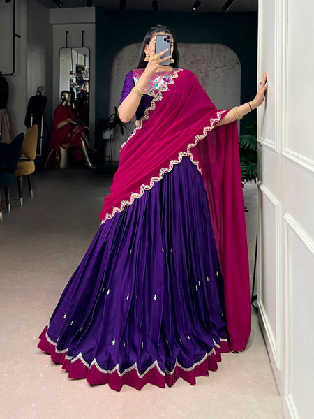Lorenvalley Fashion Purple Naysha Silk Sequins and Thread Embroidery Work with Lace Border Lehenga Choli with Dupatta