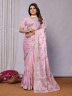 Pink Satin Silk Embroidered Saree With Stitched Blouse - Nimaya Kaksha