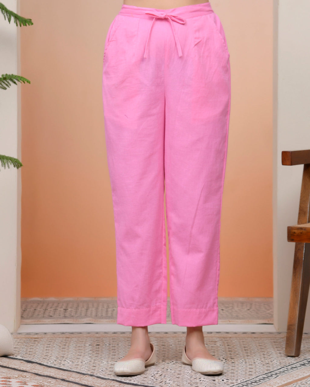 Vaasva Women Pink Cotton Flax Solid Straight Pants