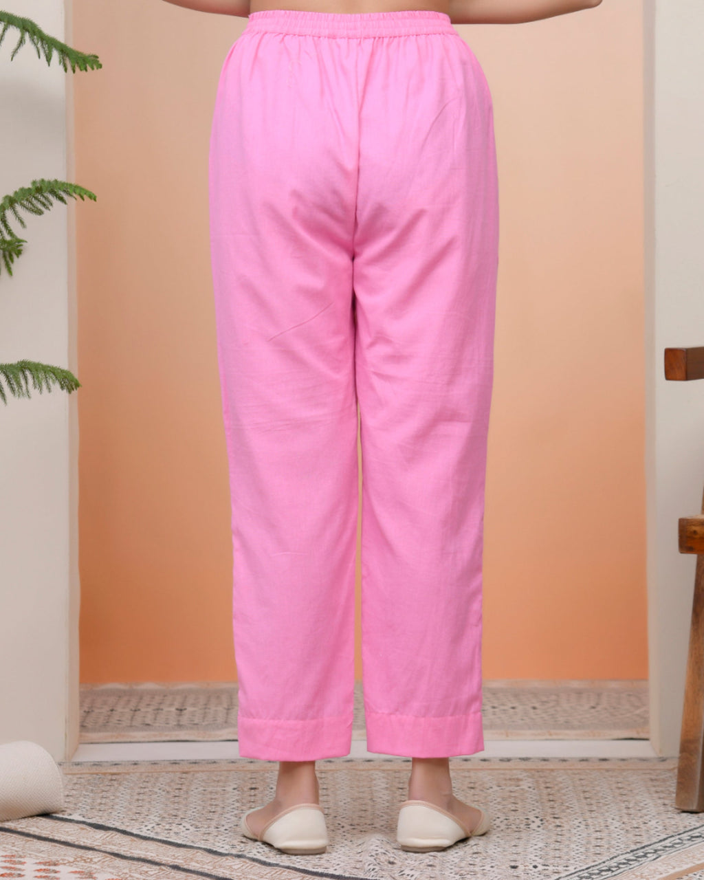 Vaasva Women Pink Cotton Flax Solid Straight Pants