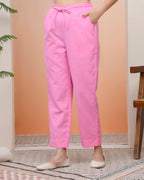 Vaasva Women Pink Cotton Flax Solid Straight Pants