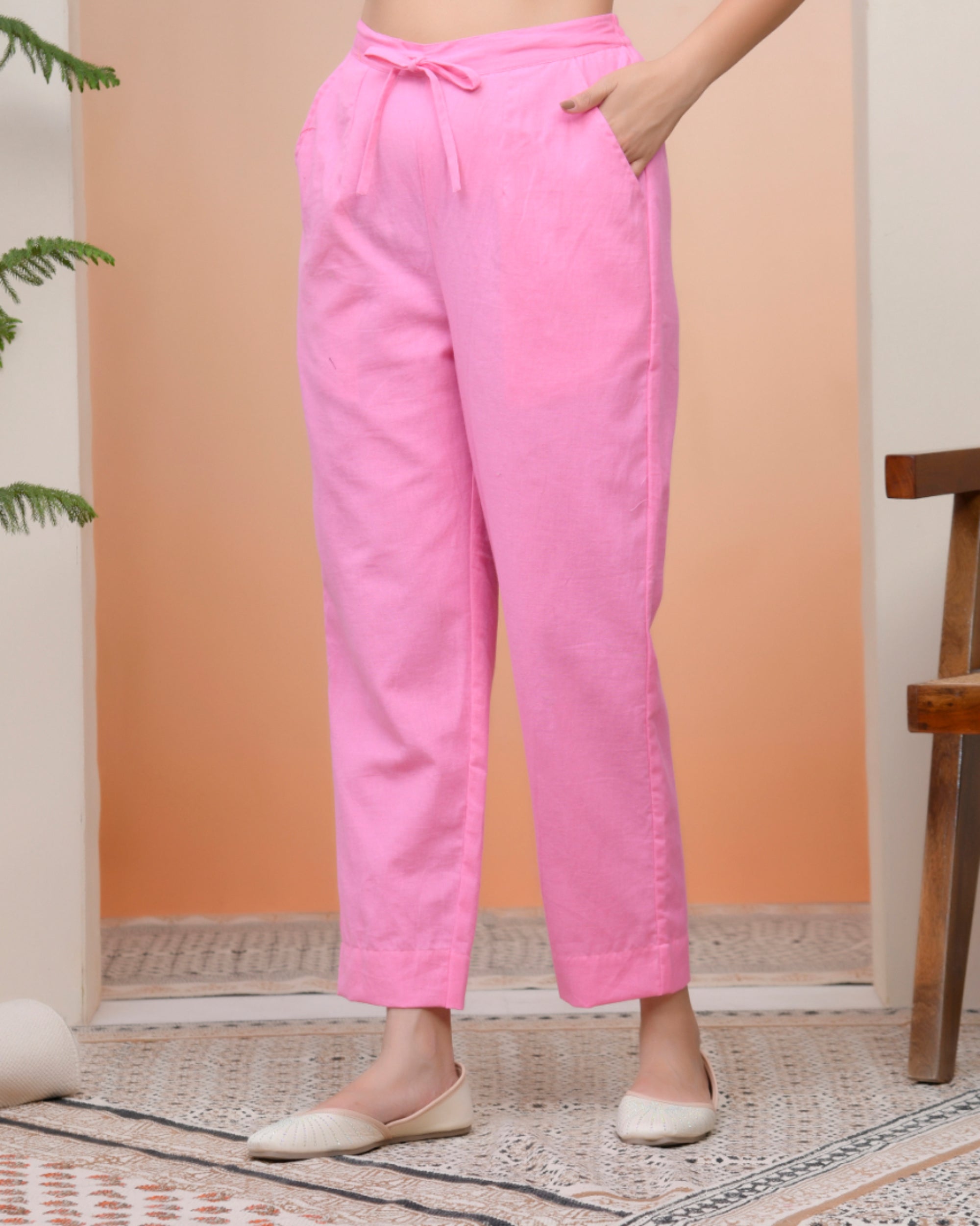 Vaasva Women Pink Cotton Flax Solid Straight Pants