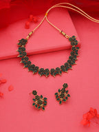 Tehzeeb Creations Green Colour Gold Pleated Stone Studded Necklace With Earrings