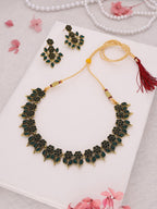 Tehzeeb Creations Green Colour Gold Pleated Stone Studded Necklace With Earrings