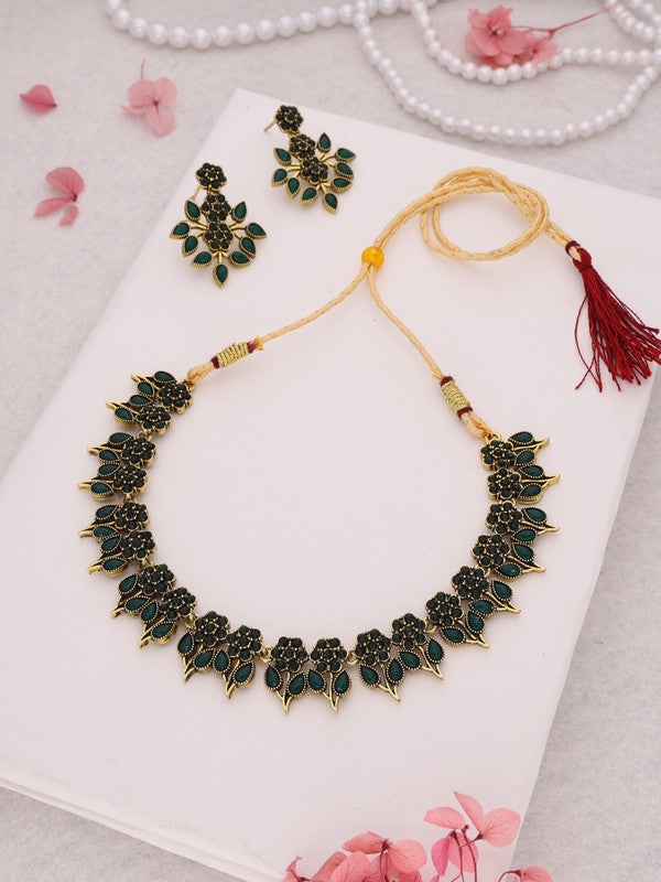 Tehzeeb Creations Green Colour Gold Pleated Stone Studded Necklace With Earrings