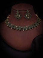 Tehzeeb Creations Green Colour Gold Pleated Stone Studded Necklace With Earrings