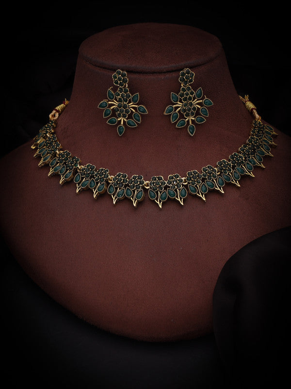Tehzeeb Creations Green Colour Gold Pleated Stone Studded Necklace With Earrings