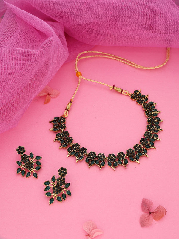 Tehzeeb Creations Green Colour Gold Pleated Stone Studded Necklace With Earrings