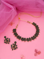 Tehzeeb Creations Green Colour Gold Pleated Stone Studded Necklace With Earrings