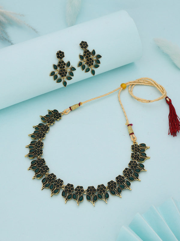 Tehzeeb Creations Green Colour Gold Pleated Stone Studded Necklace With Earrings