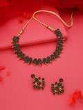 Tehzeeb Creations Green & Maroon Colour Gold Pleated Stone Studded Necklace With Earrings