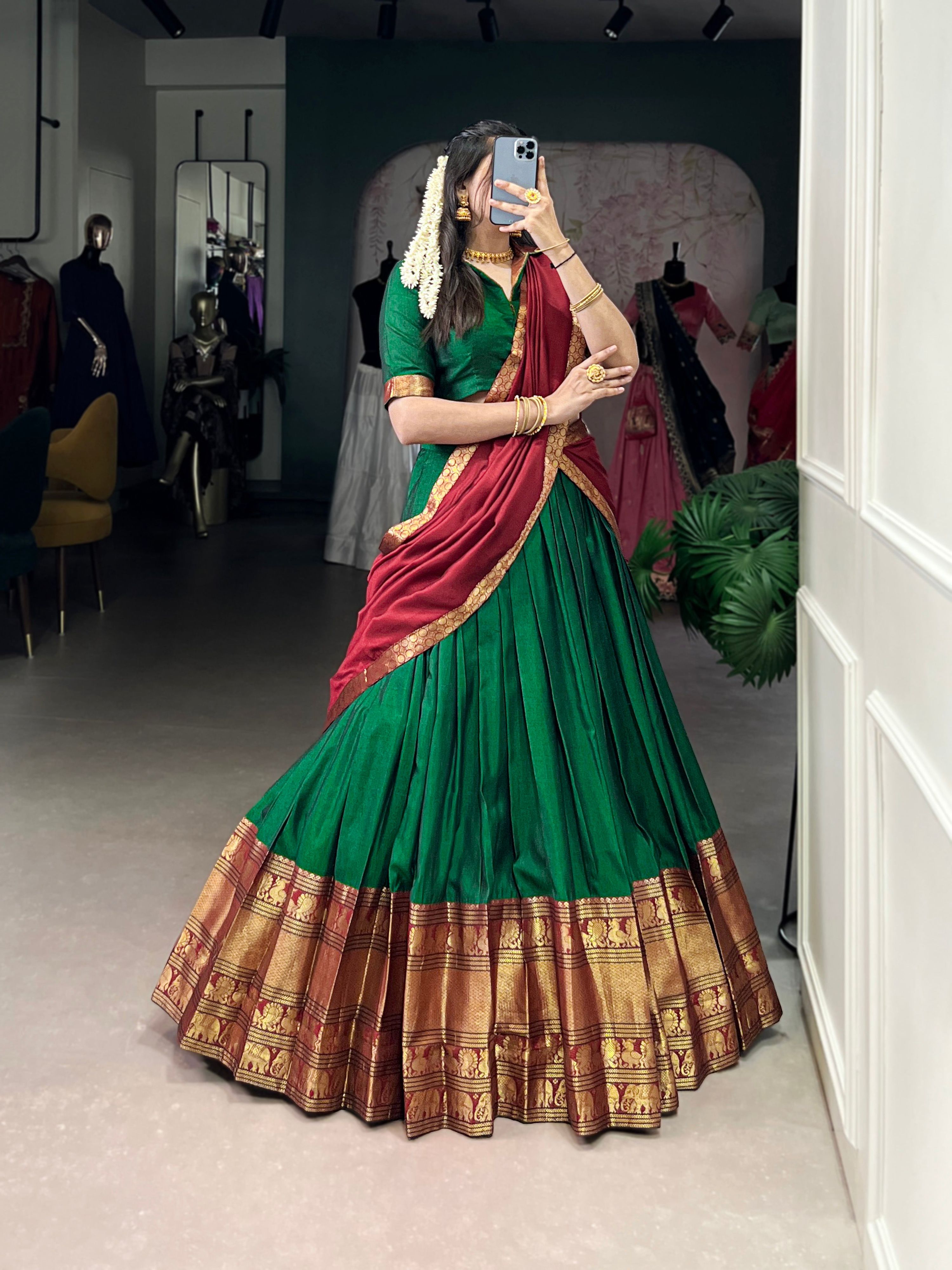 Lorenvalley Fashion Green Narayan Pet Silk Zari Weaving Work Lehenga Choli with Dupatta