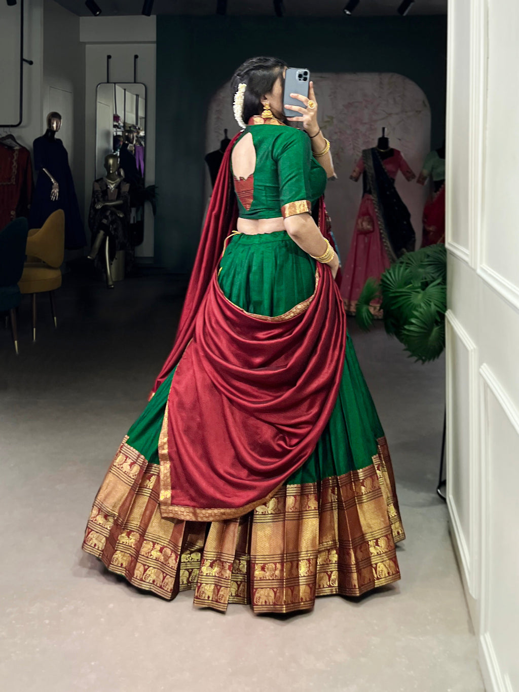Lorenvalley Fashion Green Narayan Pet Silk Zari Weaving Work Lehenga Choli with Dupatta