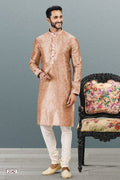 Raivat Ethnic Jacquard Banarasi Silk Pintux Work Kurta Pajama In Dark Peach Colour