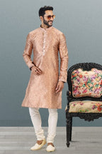 Raivat Ethnic Jacquard Banarasi Silk Pintux Work Kurta Pajama In Dark Peach Colour