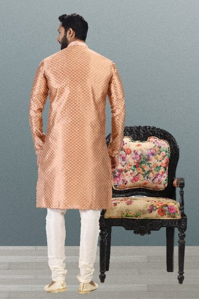 Raivat Ethnic Jacquard Banarasi Silk Pintux Work Kurta Pajama In Dark Peach Colour