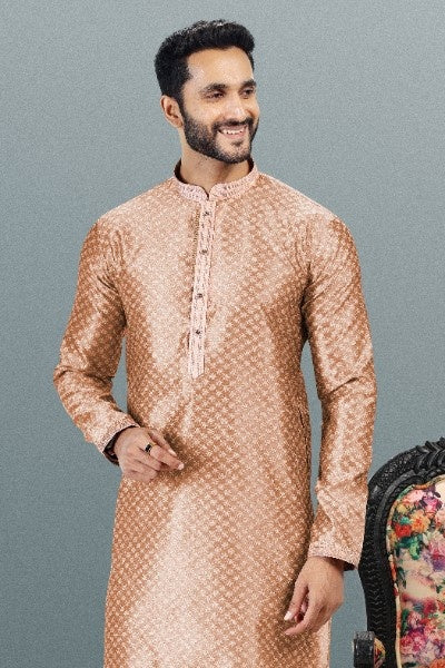 Raivat Ethnic Jacquard Banarasi Silk Pintux Work Kurta Pajama In Dark Peach Colour