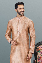 Raivat Ethnic Jacquard Banarasi Silk Pintux Work Kurta Pajama In Dark Peach Colour
