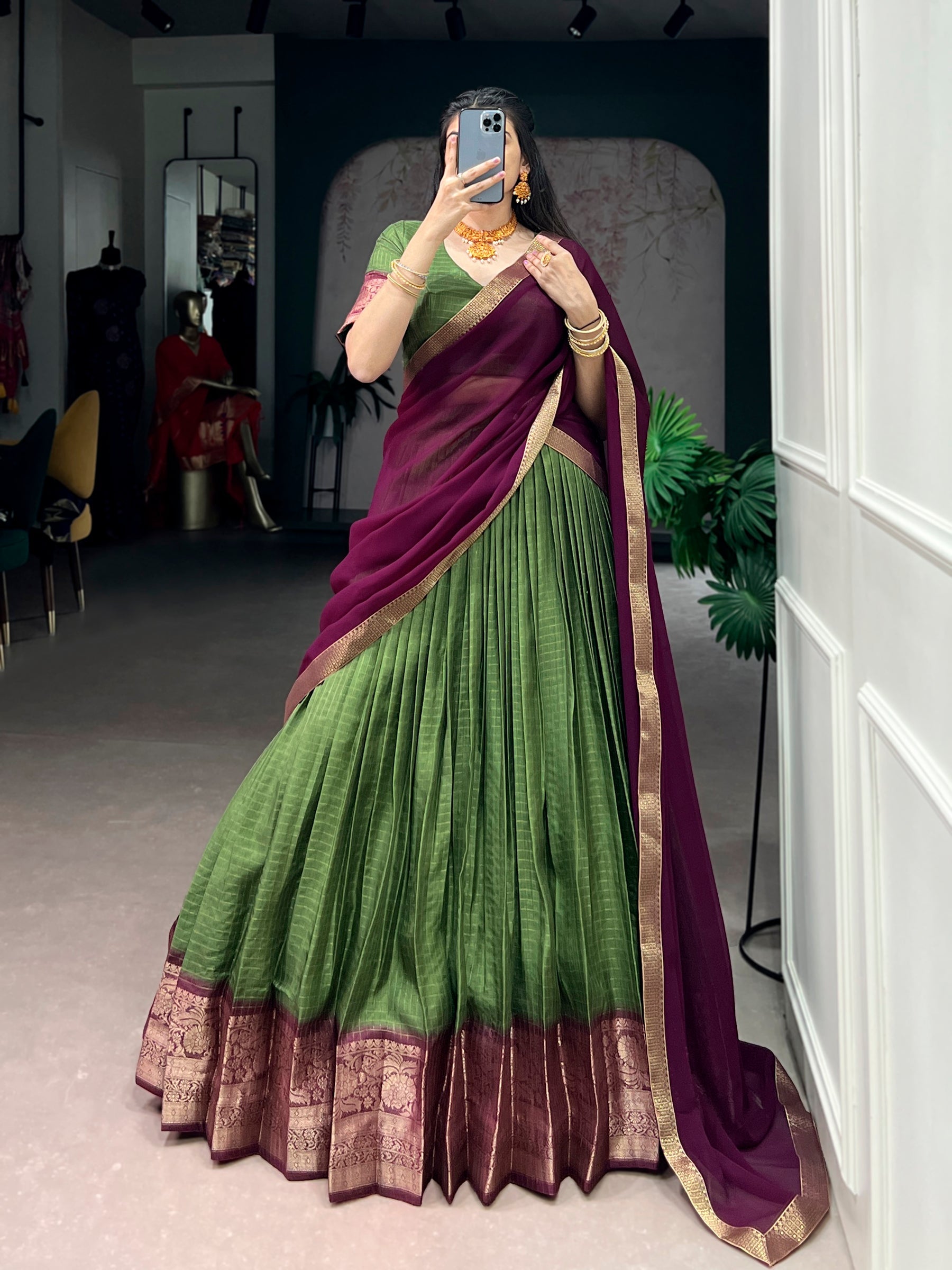 Lorenvalley Fashion Mehendi Dola Chex with Zari Weaving Work Lehenga Choli with Dupatta - Distacart