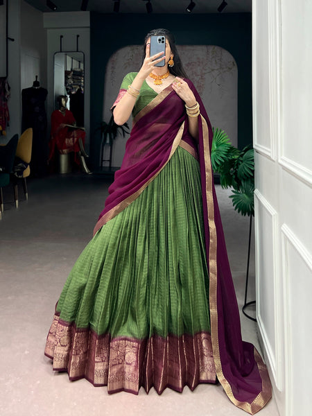 Lorenvalley Fashion Mehendi Dola Chex with Zari Weaving Work Lehenga Choli with Dupatta