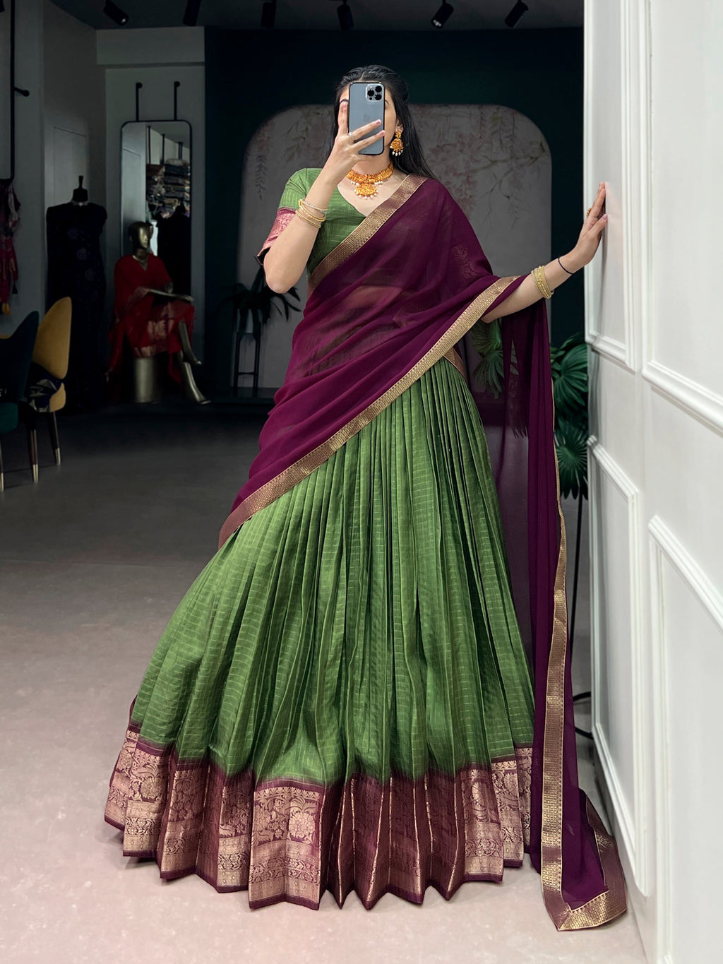 Lorenvalley Fashion Mehendi Dola Chex with Zari Weaving Work Lehenga Choli with Dupatta - Distacart