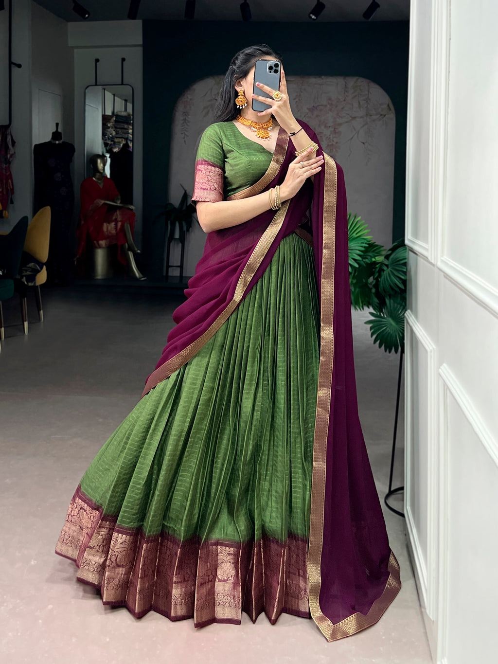 Lorenvalley Fashion Mehendi Dola Chex with Zari Weaving Work Lehenga Choli with Dupatta - Distacart