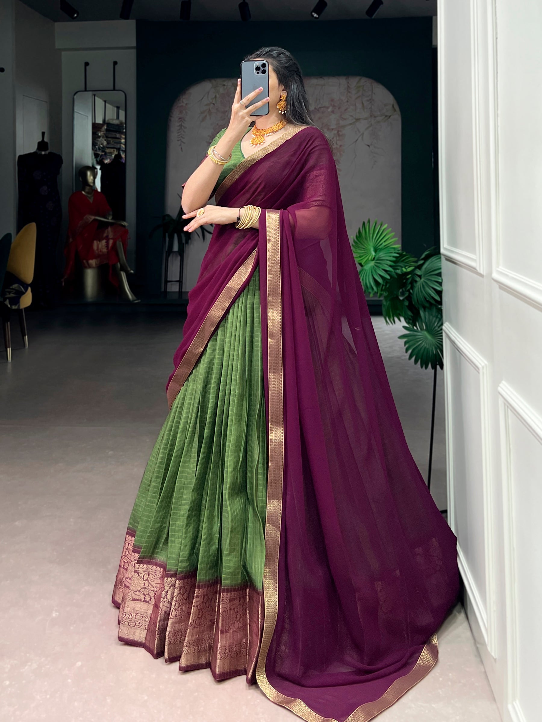 Lorenvalley Fashion Mehendi Dola Chex with Zari Weaving Work Lehenga Choli with Dupatta - Distacart