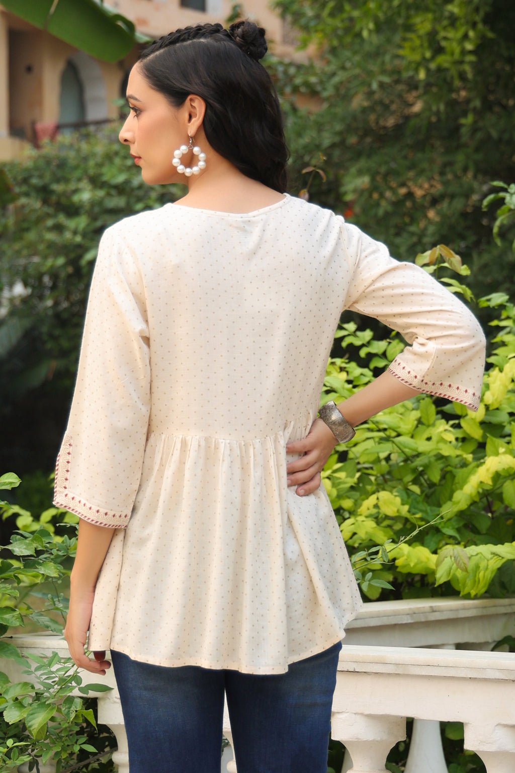 Juniper Women Ivory Rayon Slub Polka Print Peplum Tunic - Distacart
