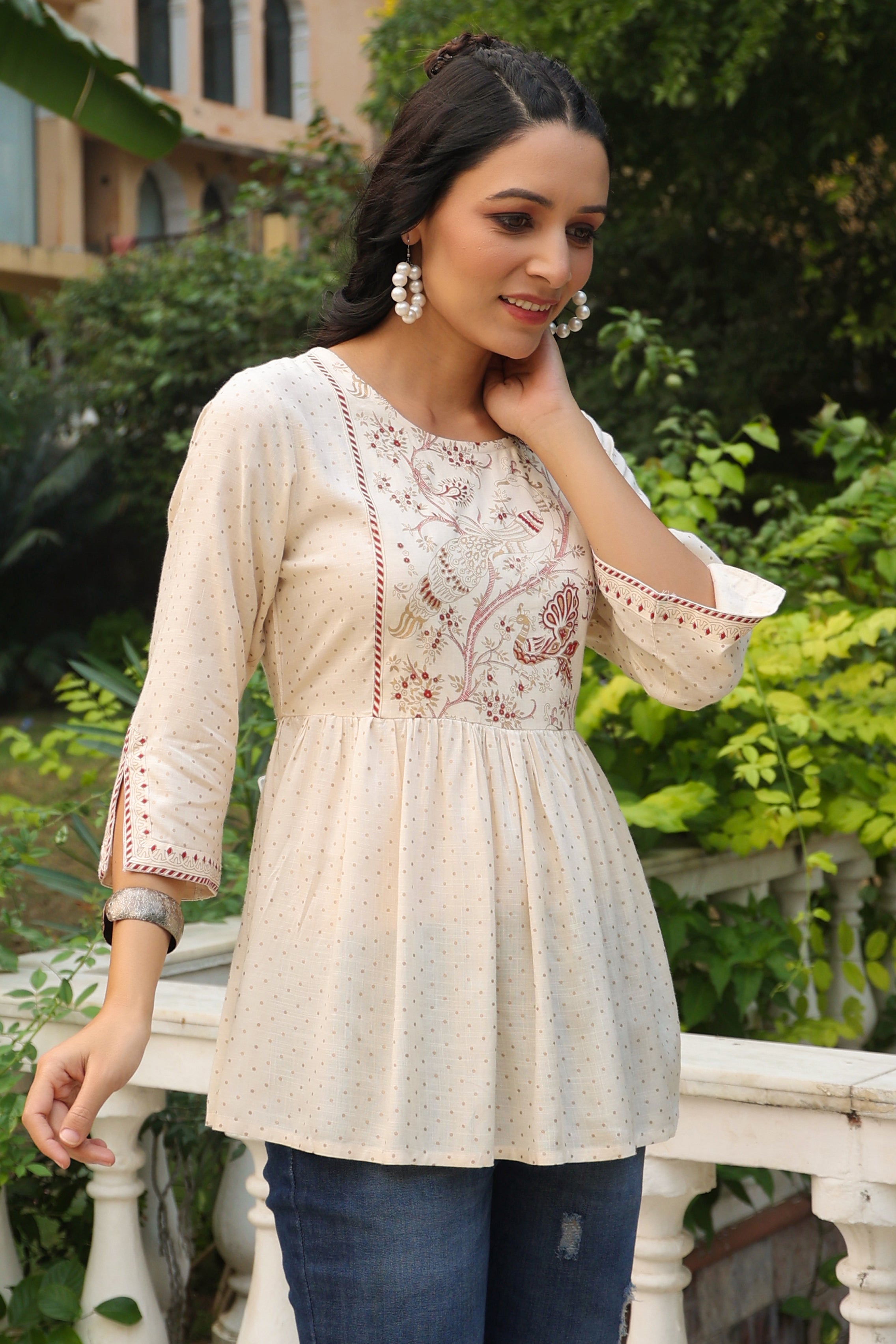 Juniper Women Ivory Rayon Slub Polka Print Peplum Tunic - Distacart