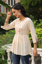 Juniper Women Ivory Rayon Slub Polka Print Peplum Tunic - Distacart