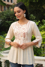 Juniper Women Ivory Rayon Slub Polka Print Peplum Tunic - Distacart