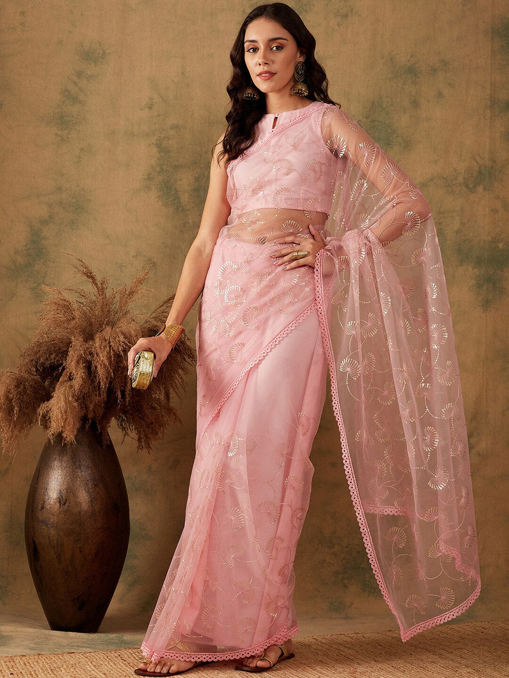 Sangria Pink Floral Embroidered Sequinned Net Saree - Distacart