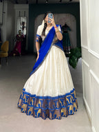 Lorenvalley White Poly Cotton Chex With Zari Weaving Work Lehenga Choli with Dupatta