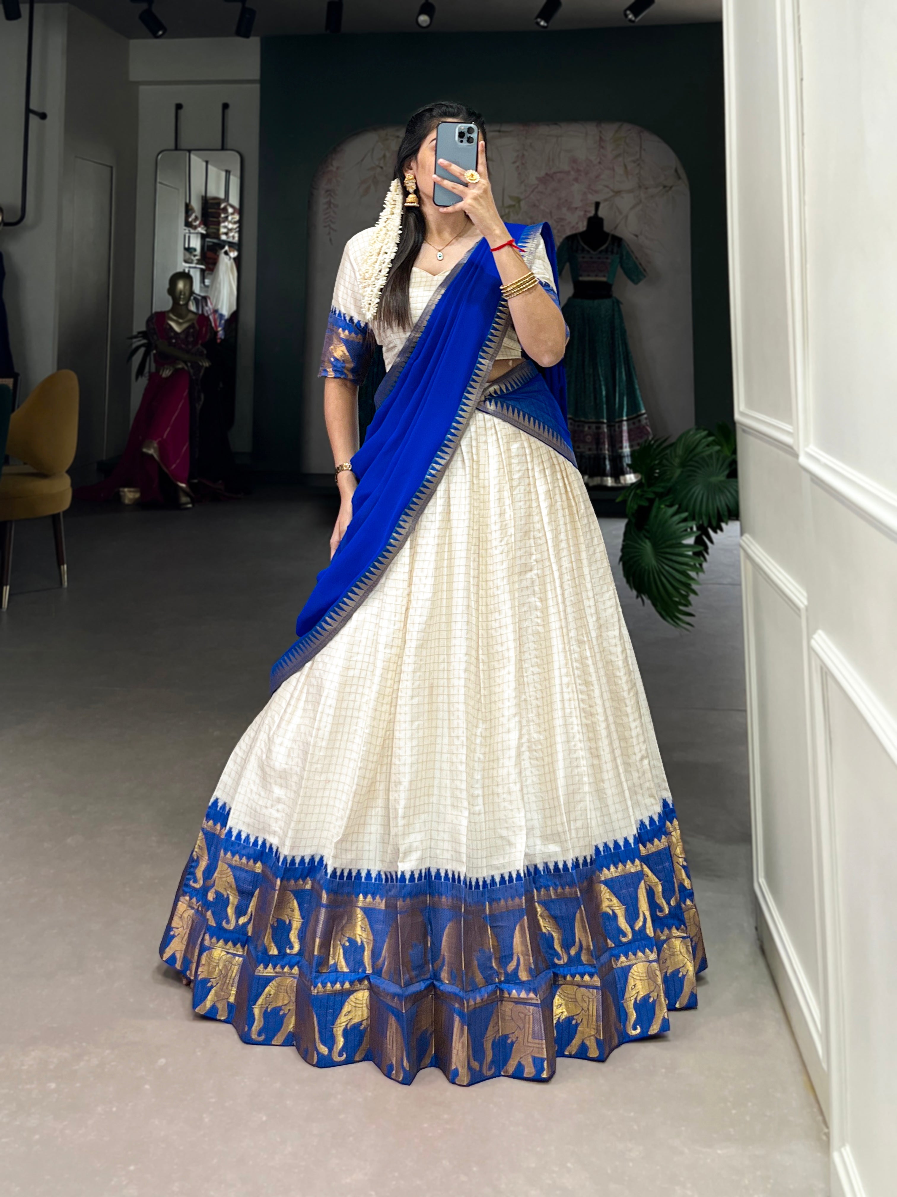 Lorenvalley White Poly Cotton Chex With Zari Weaving Work Lehenga Choli with Dupatta