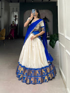 Lorenvalley White Poly Cotton Chex With Zari Weaving Work Lehenga Choli with Dupatta