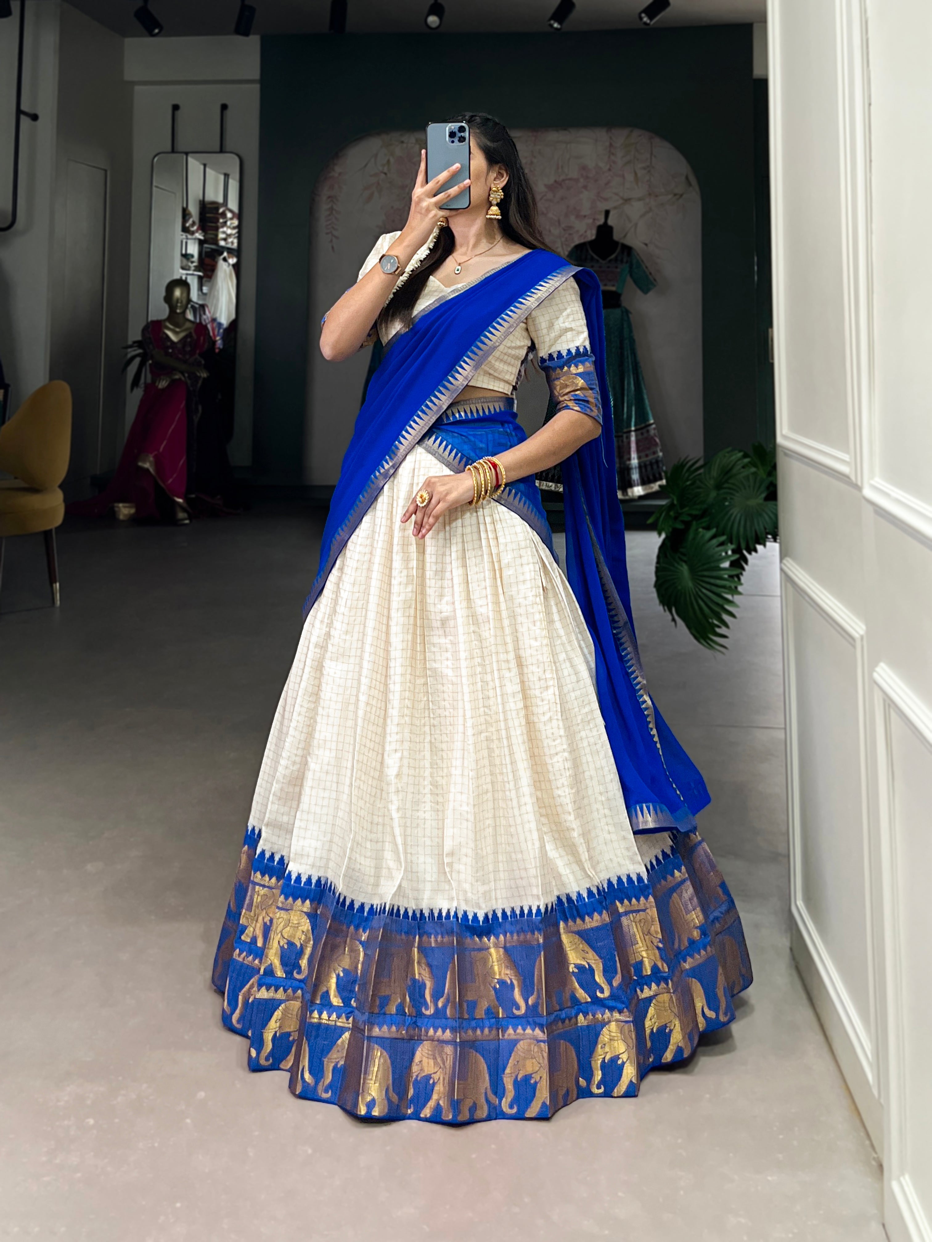Lorenvalley White Poly Cotton Chex With Zari Weaving Work Lehenga Choli with Dupatta