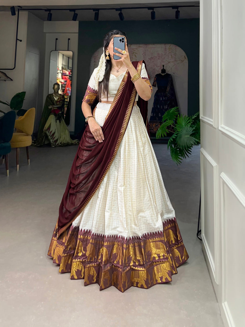 Lorenvalley White Poly Cotton Chex With Zari Weaving Work Lehenga Choli with Dupatta
